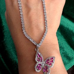 High Carbon CZ Tennis Necklace Pink Butterfly Pendant 14K White Gold Plated