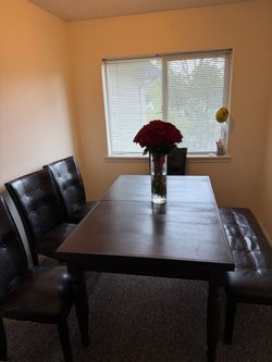 Set wooden table with 4 chairs and bench