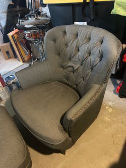 Grey/Blue Chair with ottoman.