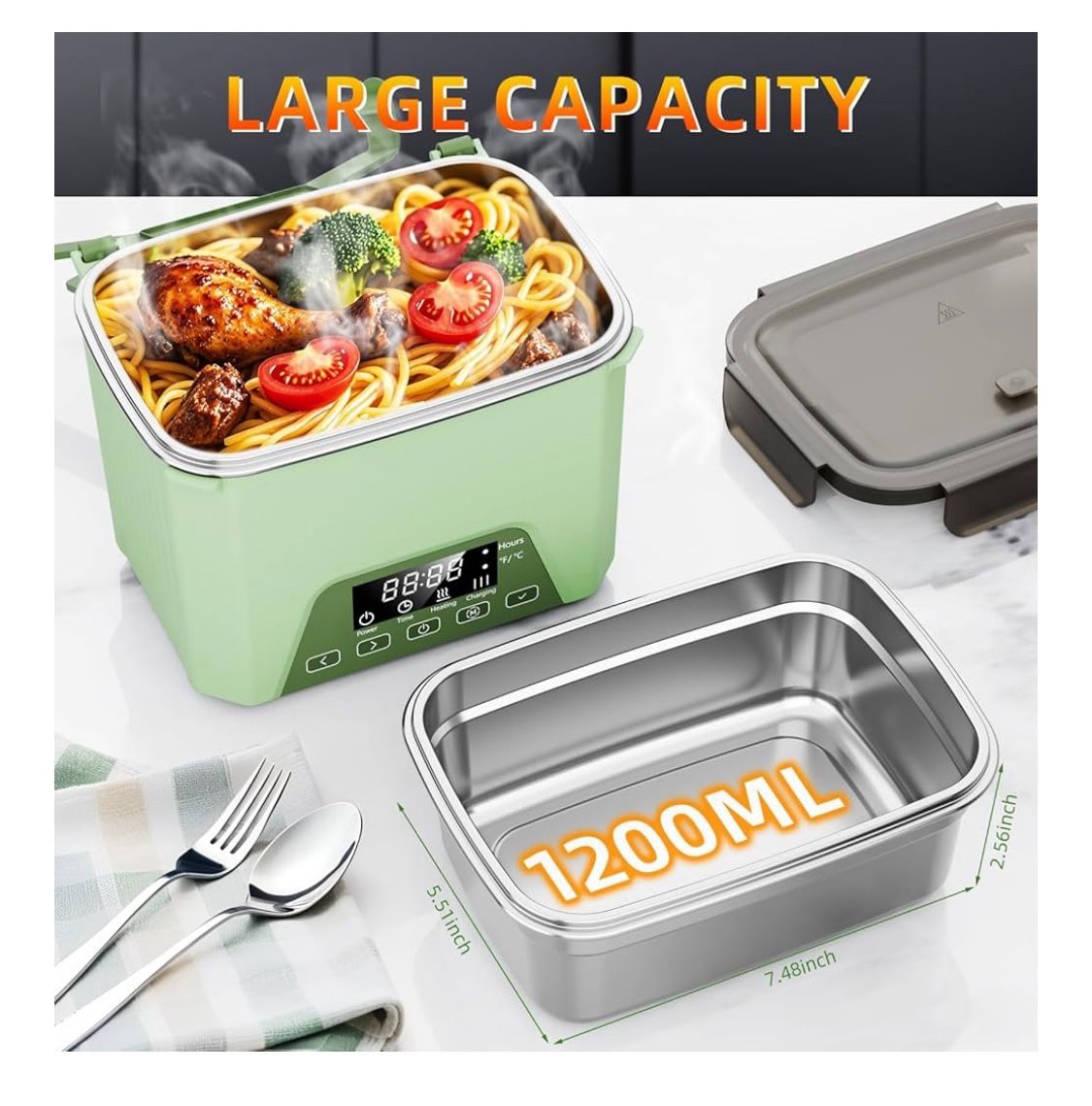 Cordless Electric Lunch Box, 1.2L Self Heating Lunch Box Battery Powered with Automatic Heating, BPA Free, Meal Prep Friendly (Green) Take a look at