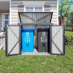Outdoor Trash Can Storage Shed for 2 Bins Metal Garbage Bin Enclosure Waterproof Outdoor Trash Storage Cabinet Small Generator Shed for Garden Yard Ou