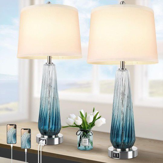 Modern Table Lamps Set of 2, Glass Bedside Lamps with 2 USB Ports, Teal Nightstand Lamp Buffet Lamps with White Fabric Shade, 27.5" Tall Lamps for Liv