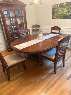 Wooden Dining Table with 6 Chairs and China Cabinet