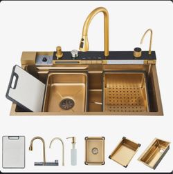 Brand New Brushed Gold Flying Rain Stainless Steel Waterfall Kitchen Sink with Pull Down Faucet 29.5 inch