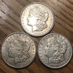 THREE 1921 Morgan Silver Dollars.  Mint Set! (P,D,S Mints)