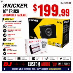 Kicker Bass System 10" Comp TC10 Ported Subwoofer Box Crunch SA-1100.2 2 Ch Amplifier 300 Watt Package 🚨 Payment Options Available 🚨 No Credit Neede