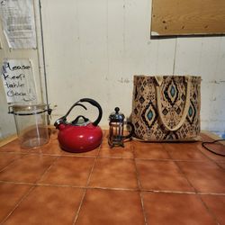 World Market Jute Tote Bag, Red Kettle, French Press & Jar