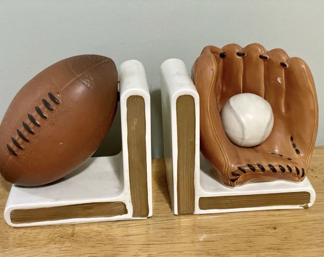 Vintage Lefton Sports Football Baseball w/ Glove Ceramic Book Ends Japan H067