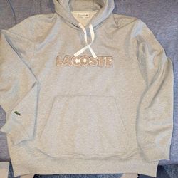 Heavyweight Lacoste Hoodie Gray W/ Brown Textured Chest Logo XXL