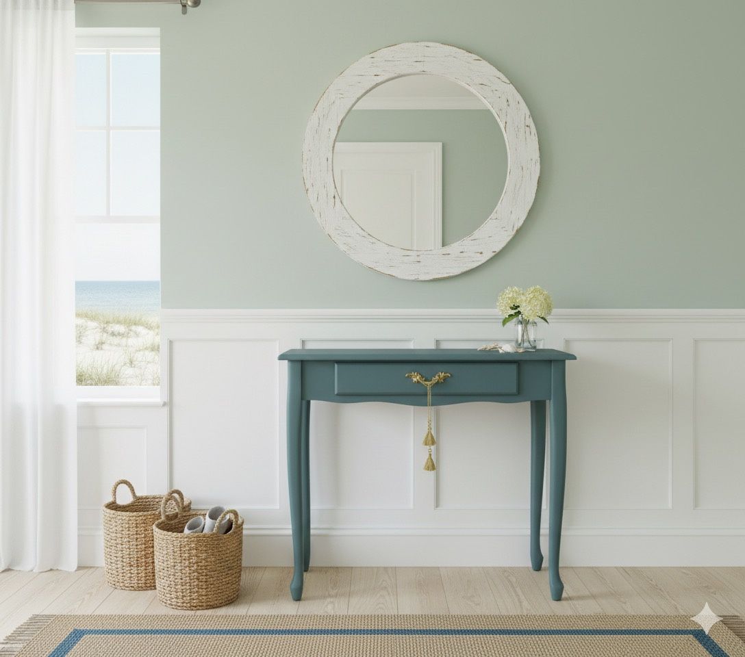 Soft Moody Teal French Provincial Side / Accent Table Console Foyer Vanity Desk