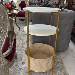 Modern white and gold 3 shelf end table or nightstand with canvas storage basket. For any room. 