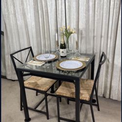 Compact Dining Table & 2 Chairs - Glass, Iron & Seagrass IKEA Granas