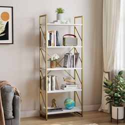 5-Tier Storage Rack Modern Bookshelf with Back X-Bar and /-Shaped Side Design in Gold