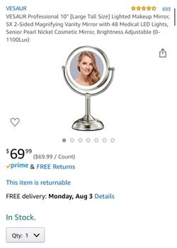 VESAUR Professional 10" [Large Tall Size] Lighted Makeup Mirror, 5X 2-Sided Magnifying Vanity Mirror with 48 Medical LED Lights, Senior Pearl Nickel