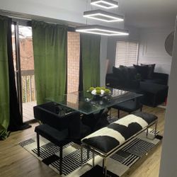 Glass Top Table, Velvet Chair, Modern Light