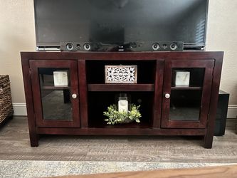 Dark Cherry Wood TV Stand with Glass Doors