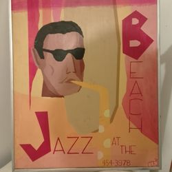 VINTAGE 1971 "JAZZ AT THE BEACH" SIGNED IN THE LOWER RIGHT HAND CORNER "1971 BFM". NEAR MINT CONDITION, FRAMED. OIL OR ACRYLIC ON CANVAS 2ft X 1.5ft