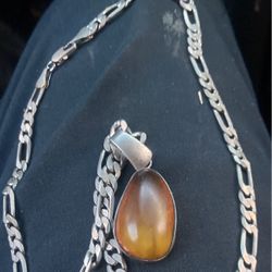 Cadena De Plata Con Piedra Ambar Grande Muy Bonita