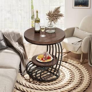 Round side table: side table with 2-level storage shelves, vintage side table for living room, small bedside table with arched frame, brown
