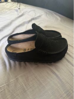 BIRKENSTOCK Women’s Leather Naples Wrapped Clog Slipper Shoe. Women’s size: 6 (EU 36). Black Leather Suede with Penny Loafer Style.
