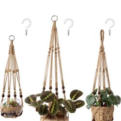 Mkono 3 Pack Macrame Plant Hanging Rack Indoor Different Sizes Hanging Flower Pot Basket Flower Pot Rack with Beads Without Tassel 35"/29"/23", Medium