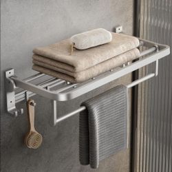 Towel Rack Wall Mount for Bathroom with Towel Bar and Hooks 23.6 in Foldable Towel Shelf Lavatory Towel Organizer Matte Silver