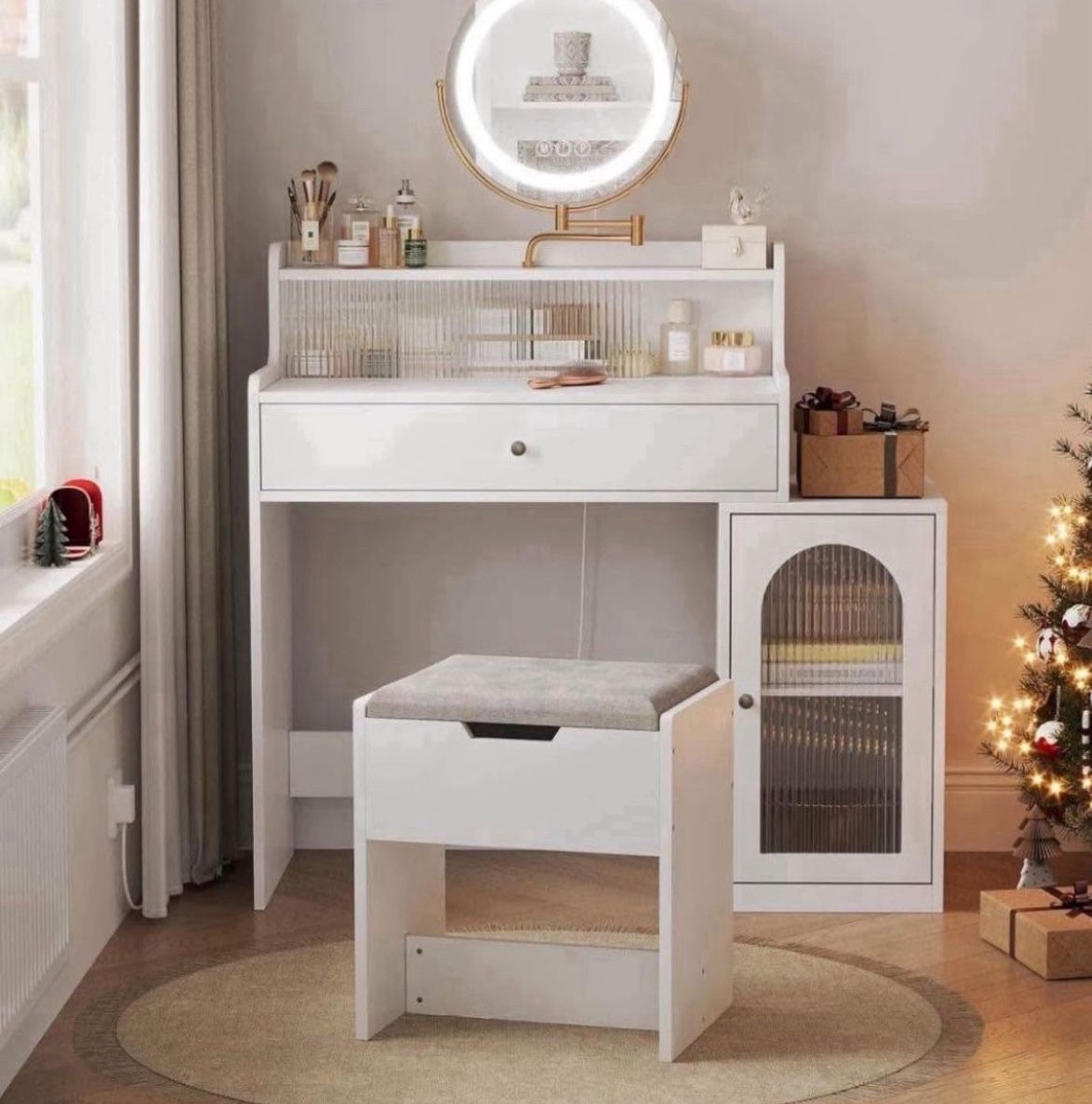 Vanity, Makeup Vanity Desk with Rotatable Mirror and Lights, White Make Up Vanity Table with 3 Adjustable Lighted and Chair, Makeu