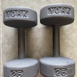 Pair Of Vintage York Cast Iron Round Head Dumbbells 25 Pounds Ea (50 lbs. total)