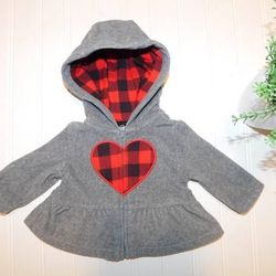 Carter's Baby Girls Newborn Gray Fleece Red Buffalo Plaid Heart Jacket