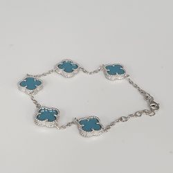 Fashion Silver Bracelet With Turquoise Floral Clover Links 7.5"