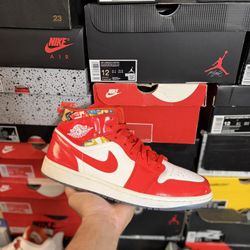 Jordan 1 Mid Barcelona Sweater Red Patent size 12 USED But Clean