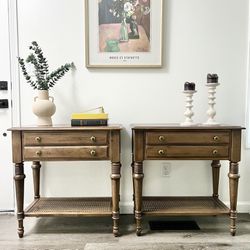 Set of 2 Solid Wood Ethan Allen Cayman Nightstands / Side Tables with Woven Cane Detailing 