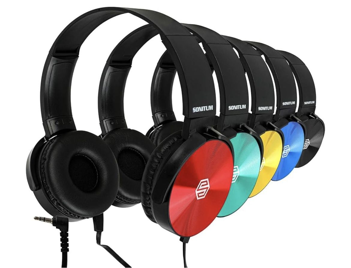 Classroom Headphones-Bulk 10-Pack, Student On Ear Color Varieties- Comfy Swivel Earphones