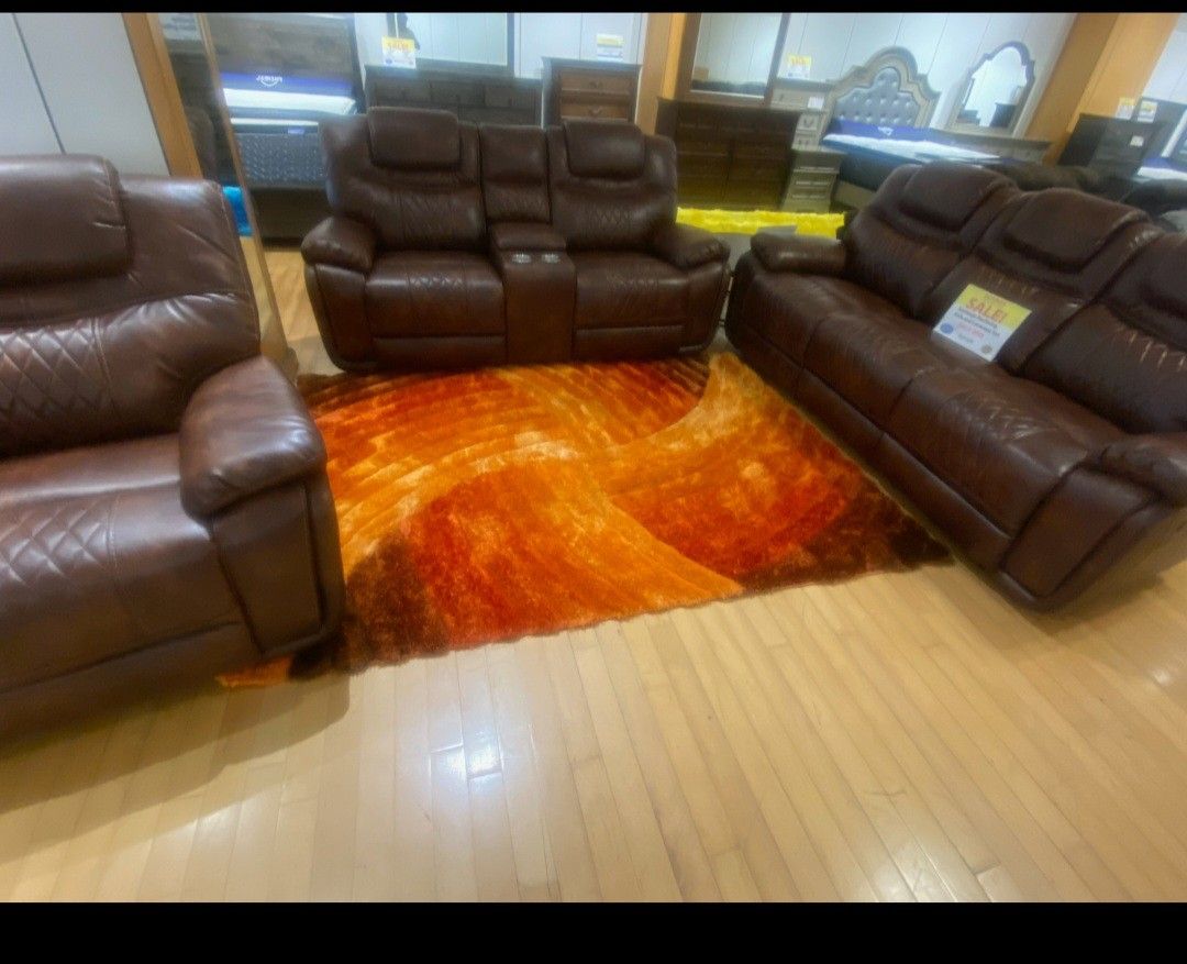 *Weekend Special* Santiago Sleek Brown Leather Reclining 3 Piece Sets Delivery And Easy Financing Available👏