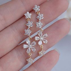 NEW 14K Gold Plated Diamond Flower Drop Earrings b
