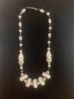 Silver Tone and Black Crystal Beaded Necklace
