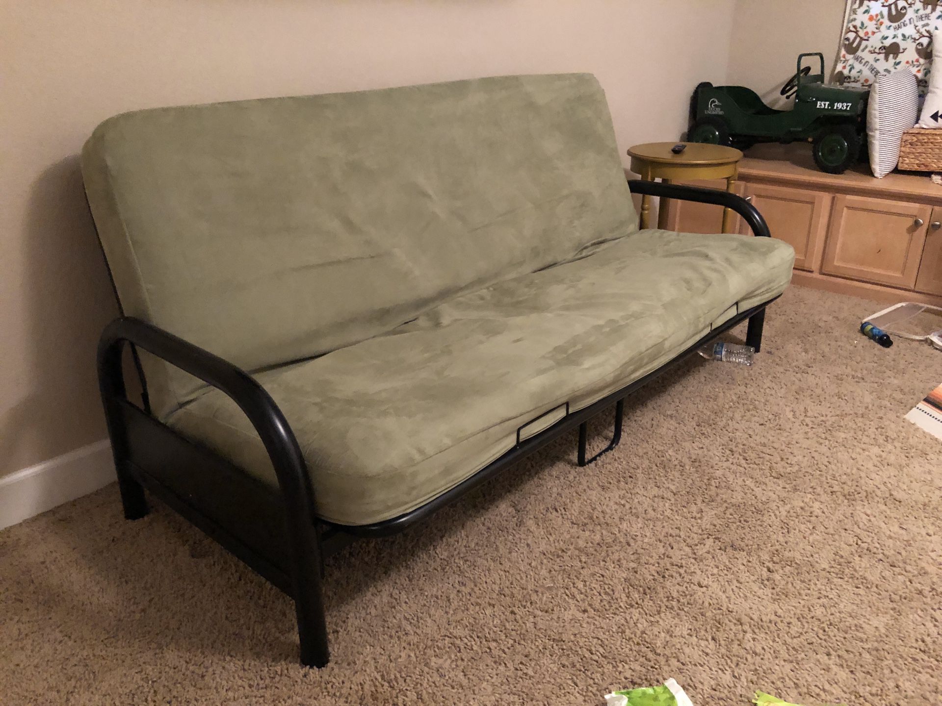 Futon - black frame and mattress with cover