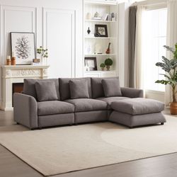MH102.2 Inch Combination Sofa Modular Sofa with Ottoman, plastic leg,Three Cushions and Three Pillows for Living Room, Apartment, Studio L-Shaped Sofa