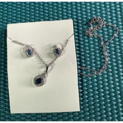 Stauer Angel Eyes Sapphire Necklace Earrings Set | 18k White Gold Finish | Silver Stainless Steel 