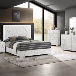 4PC White Queen Bedroom Set w/ LED Lights 