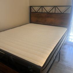 -PRICE REDUCED- Queen Bed Frame + Mattress, Industrial Wood & Metal – Great Condition