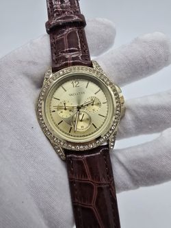 Valletta Women's Gold Tone Crystal Rhinestone Bezel Brown Strap Quartz Watch