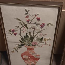 Vintage Framed Elsa Williams LeClair Crewel Embroidery "Magnolia Floral Vase"