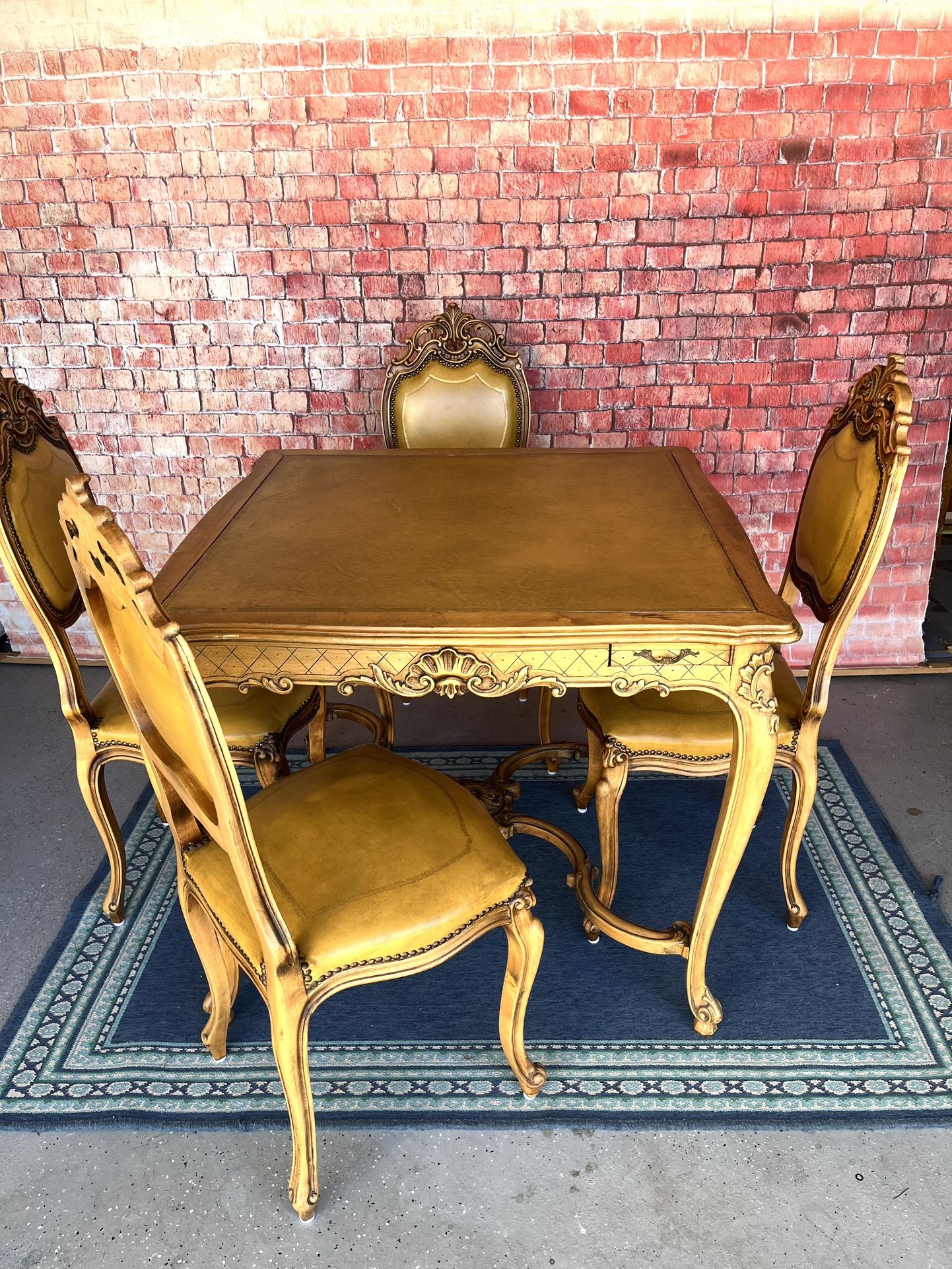 Antique Table And Chairs Set Solid Carved Wood Leather
