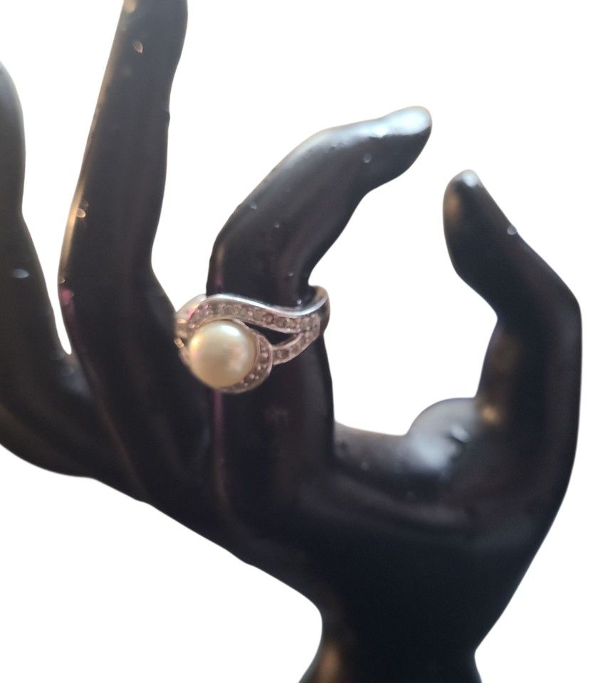 Solid Sterling Silver 925 Genuine Cultured Pearl Cocktail Ring Size 7.5