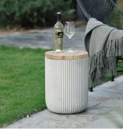 LuxenHome 18" Cement Outdoor Side Table with Storage and Wood-Look Lid For Indoor Outdoor Use; Ideal as a Patio Side Table, Garden Stool, Plant Stand,
