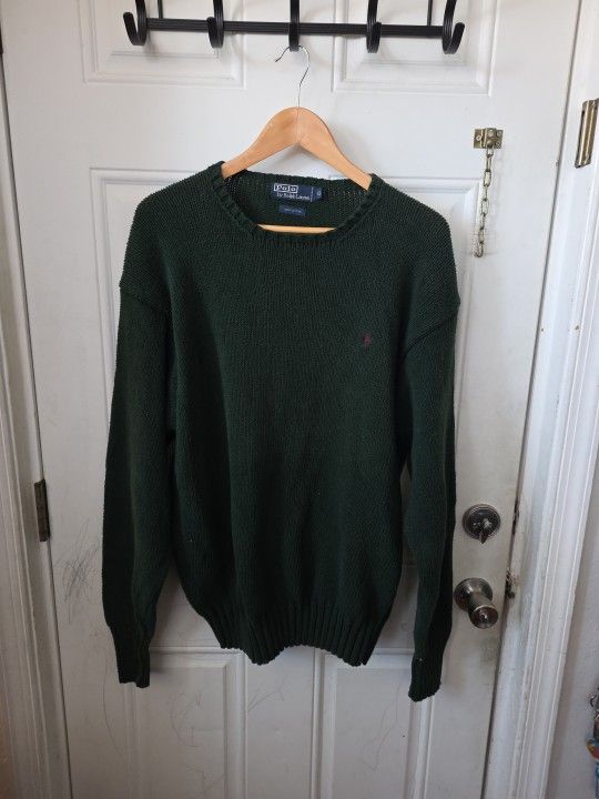 Vintage Polo Ralph Lauren Green Cotton Crewneck Sweater Red Pony XL Men’s