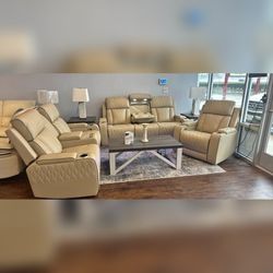 3PC Power recliner sofa set Beige color with LED USB WIreless chargers
