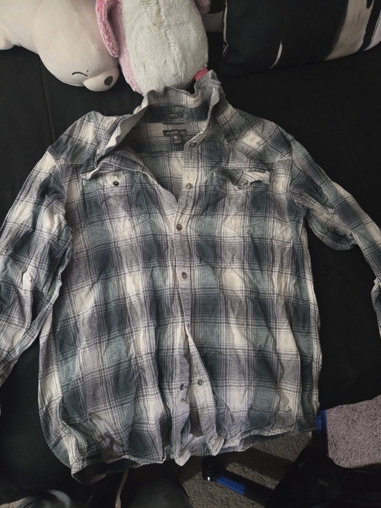 Eddie Bauer Blue, Gray and White Plaid Shirt