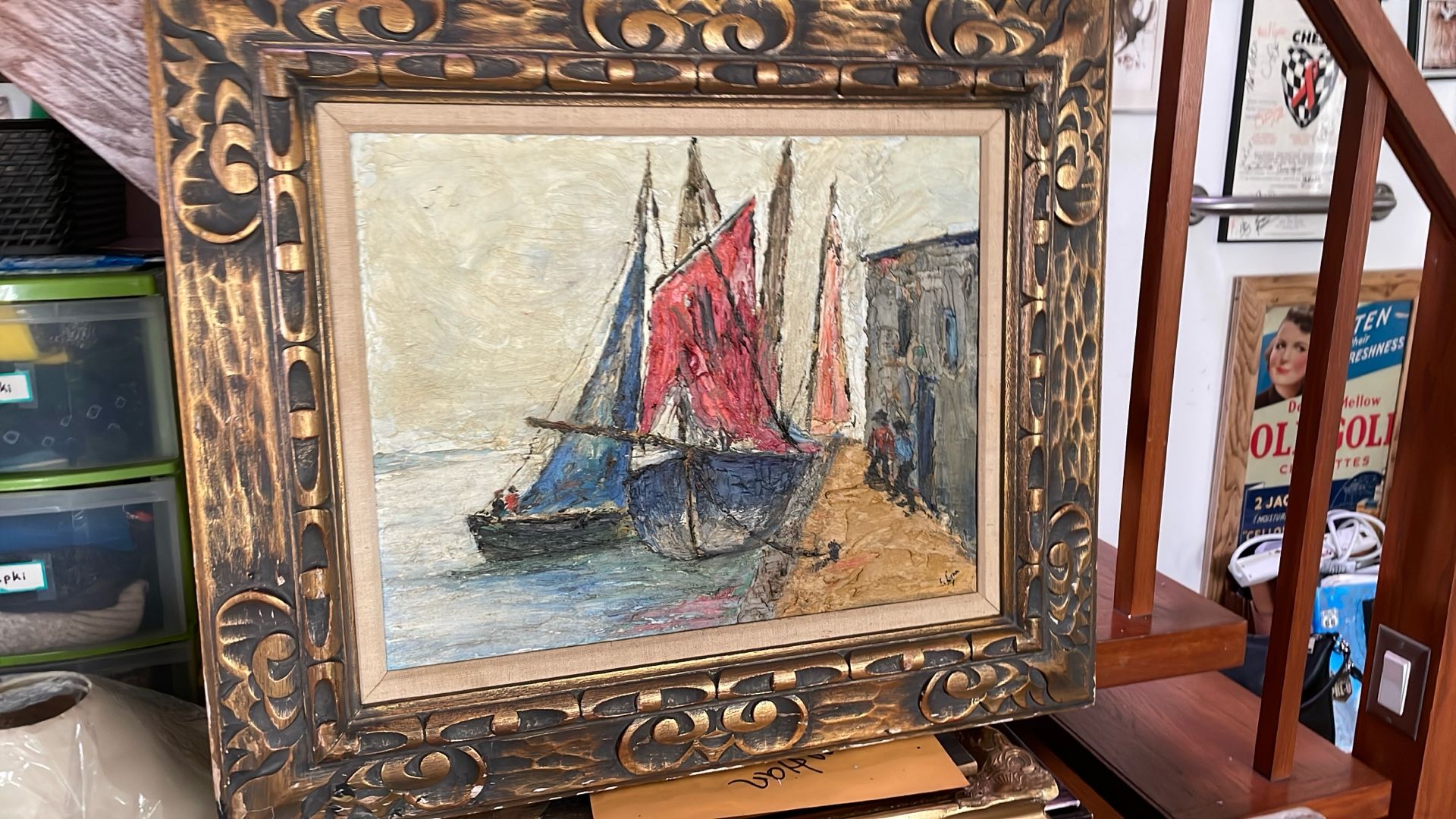 Antique Painting Canvas In Mahogany Beautiful Frame Signed